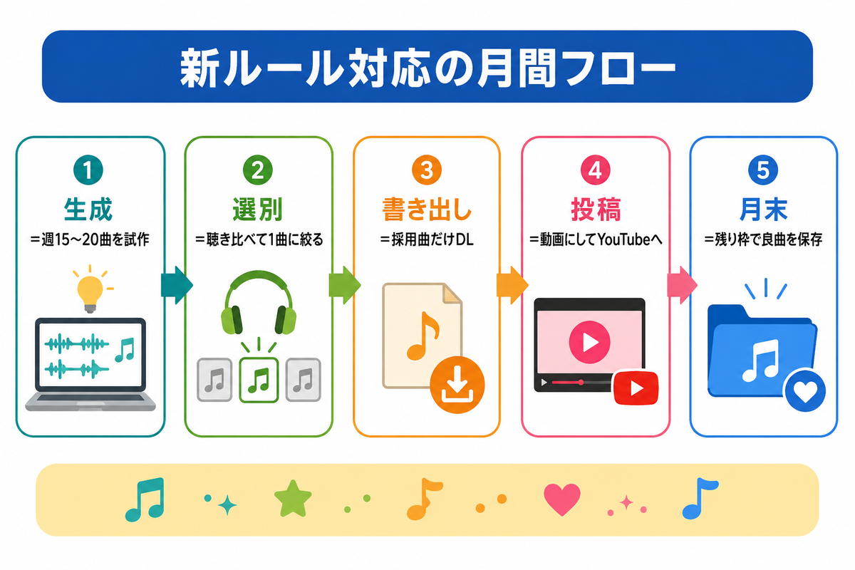 Suno新ルール対応の月間フロー(生成→選別→書き出し→投稿→月末保存)の図解