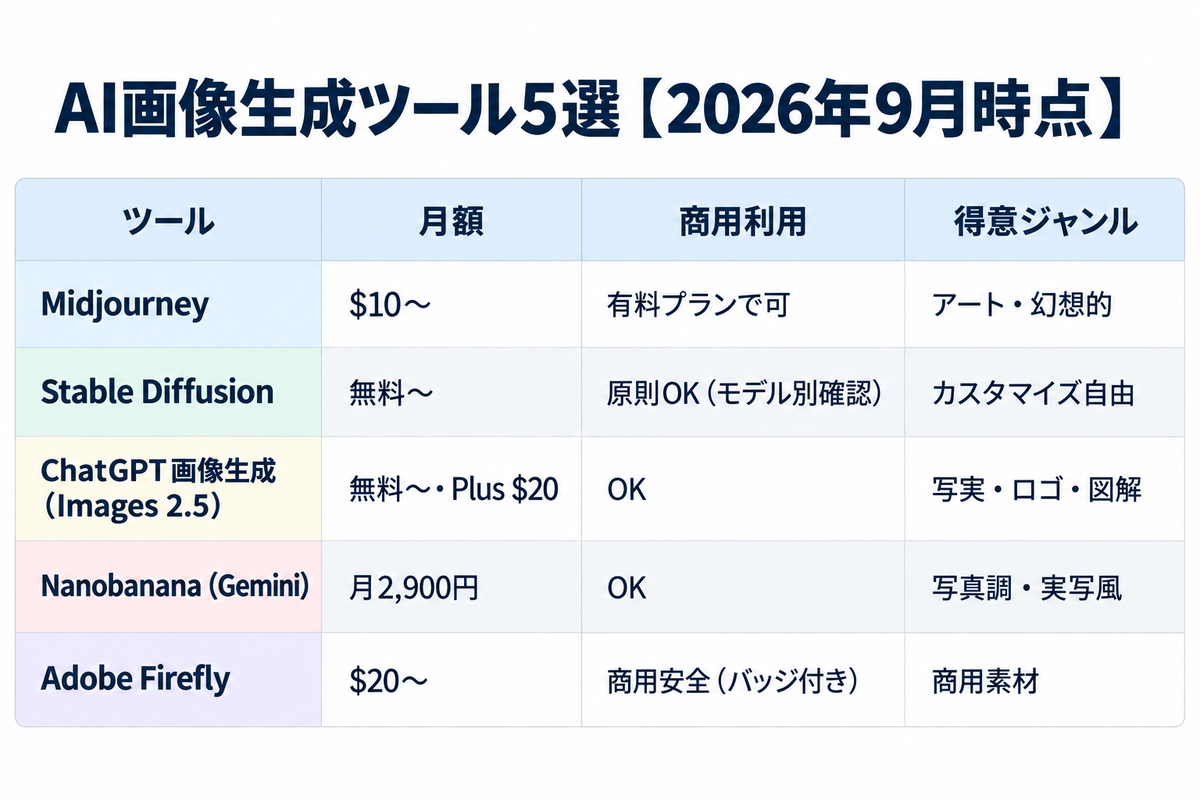 AI画像生成ツール5選 比較(2026年9月時点)