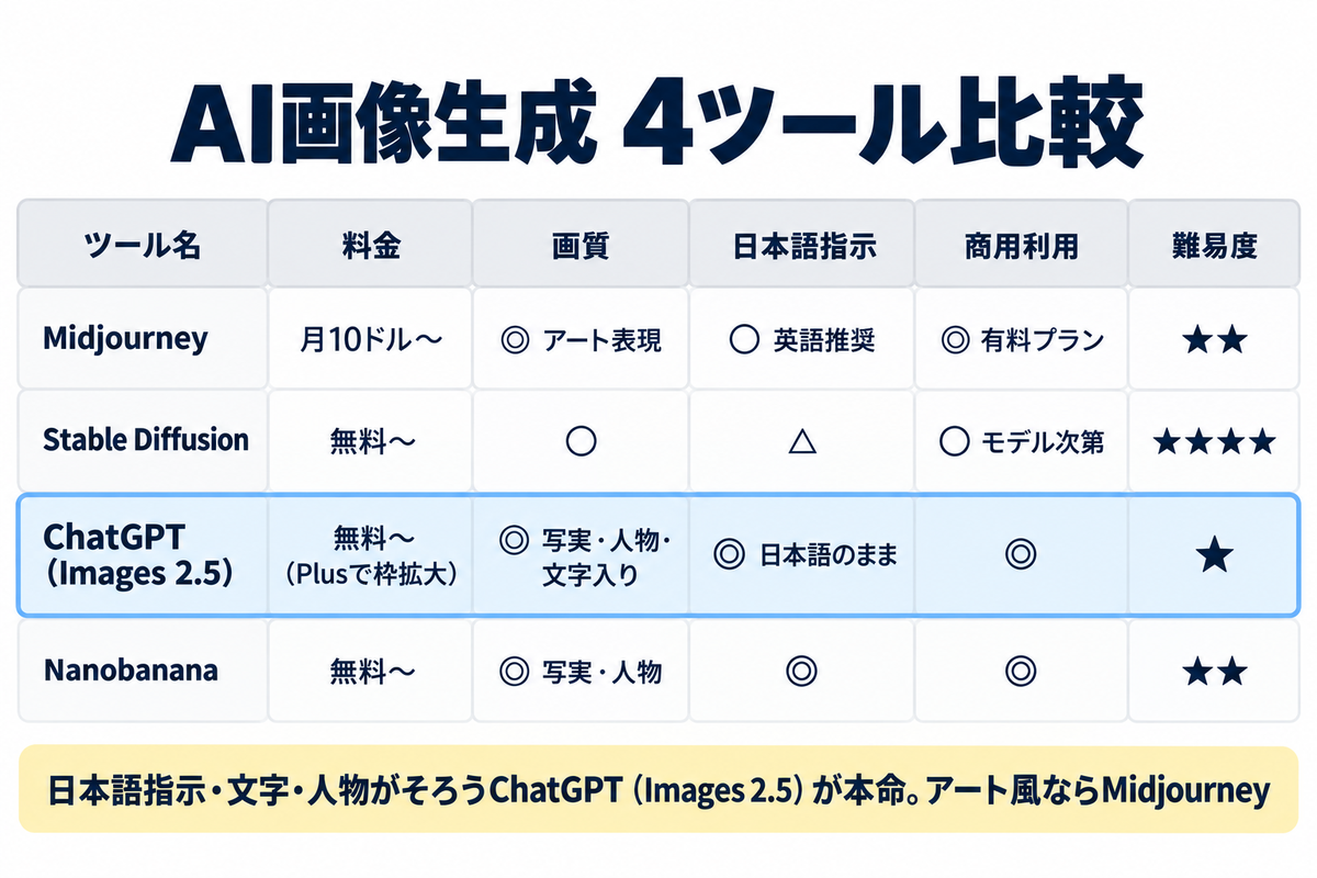 Midjourney・Stable Diffusion・ChatGPT(Images 2.5)・Nanobananaの比較図