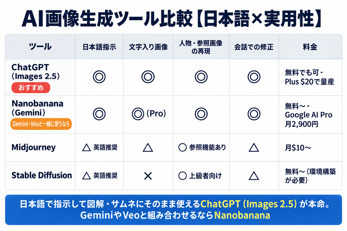 ChatGPT(Images 2.5)・Nanobanana・Midjourney・Stable Diffusionの比較図(日本語指示・文字・人物・修正・料金)