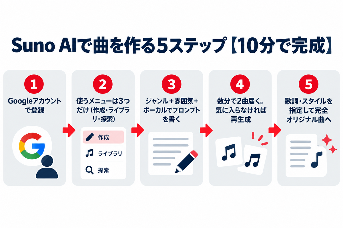 Suno AIで曲を作る5ステップ(登録からオリジナル曲まで10分)の流れ図