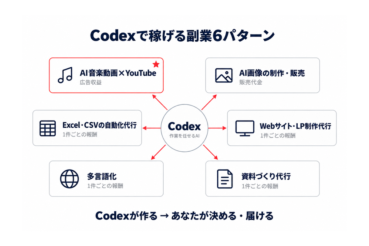 Codexで稼げる副業6パターン(AI音楽動画×YouTube/AI画像の制作・販売/Excel・CSVの自動化代行/Webサイト・LP制作代行/多言語化/資料づくり代行)