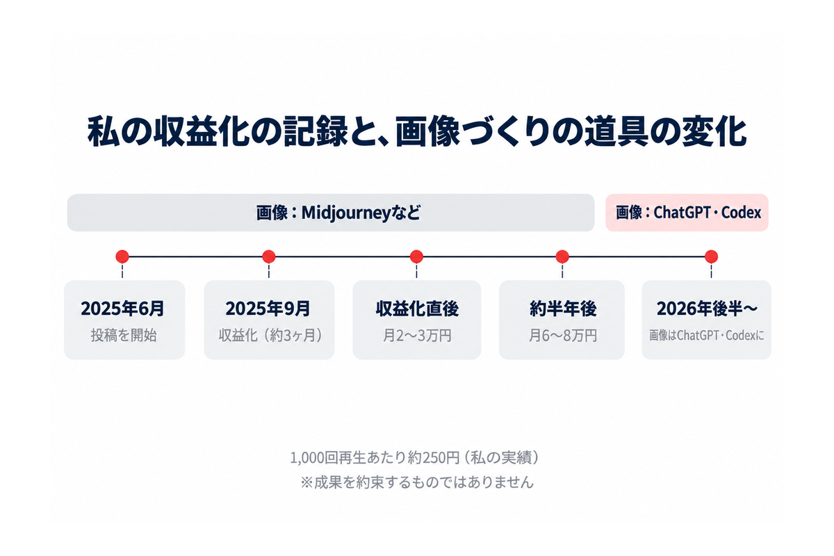 私の収益化の記録と画像づくりの道具の変化(2025年6月投稿開始→9月収益化→月2〜3万円→約半年後に月6〜8万円。この時期の画像はMidjourneyなど、2026年後半からChatGPT・Codex)